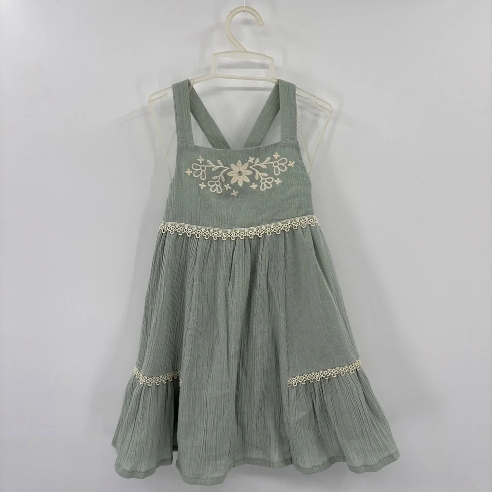 Rachel Zoe Dress Kids Size 4 Sage Green Floral Embroidered Lace Boho Cotton Cute